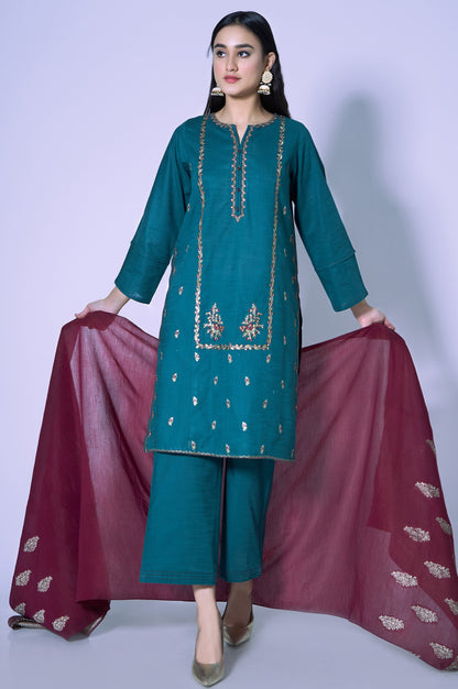 Stitched 3 Piece Cotton Slub Embroidered Outfit