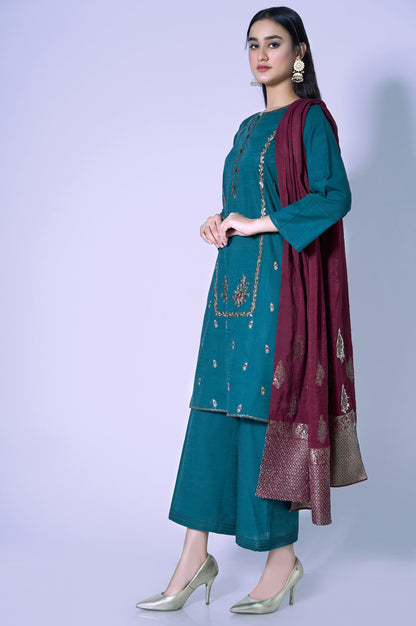 Stitched 3 Piece Cotton Slub Embroidered Outfit