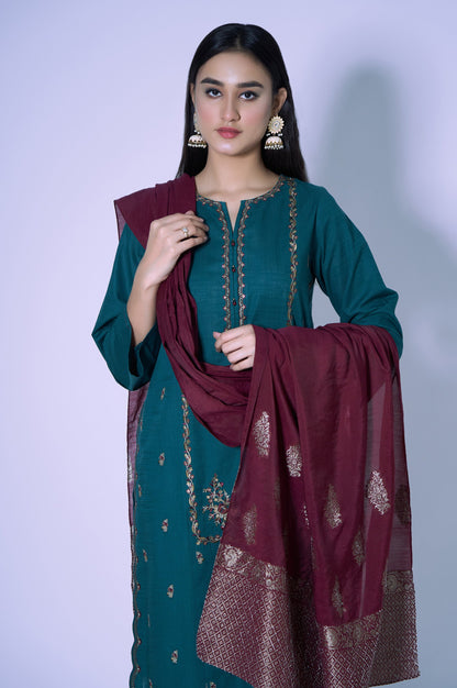 Stitched 3 Piece Cotton Slub Embroidered Outfit