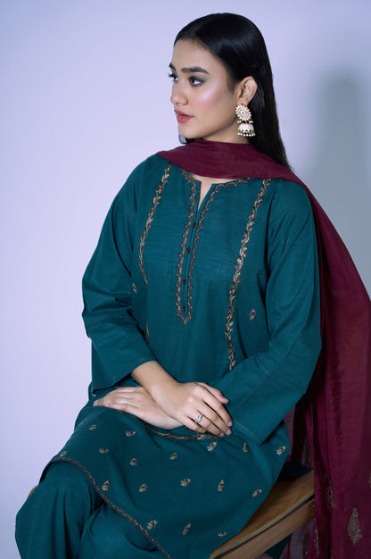 Stitched 3 Piece Cotton Slub Embroidered Outfit
