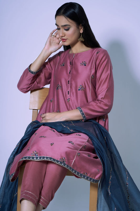 Stitched 3 Piece Cotton Net Light Embroidered Outfit