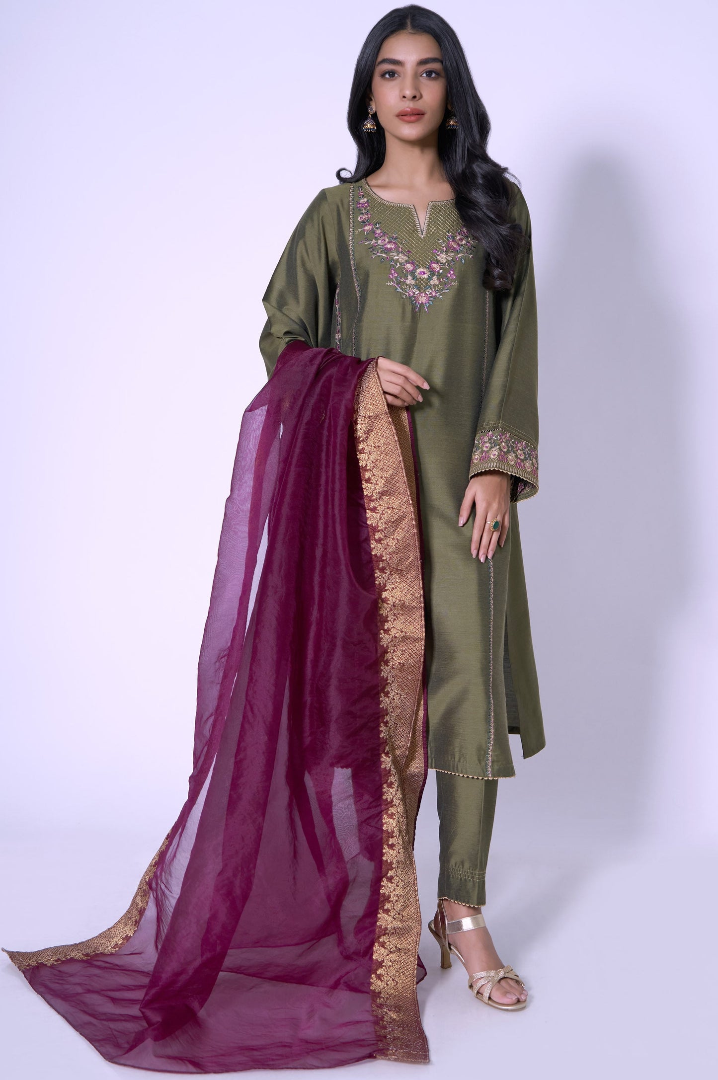 Stitched 3 Piece Cotton Silk Embroidered Outfit