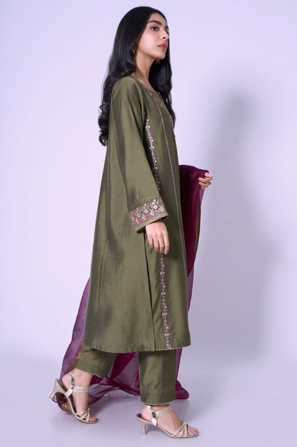 Stitched 3 Piece Cotton Silk Embroidered Outfit