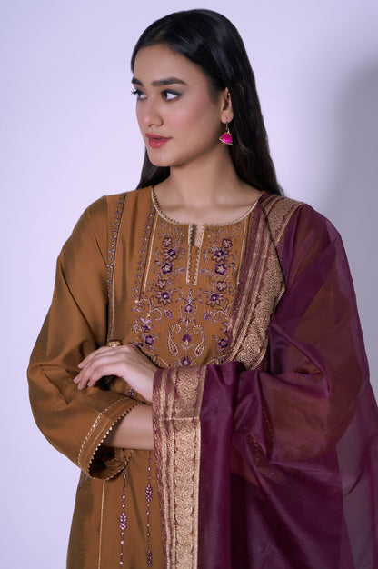 Stitched 3 Piece Cotton Silk Embroidered Outfit