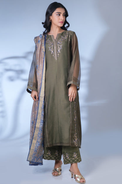 Stitched 3 Piece Khaddi Net Embroidered Outfit