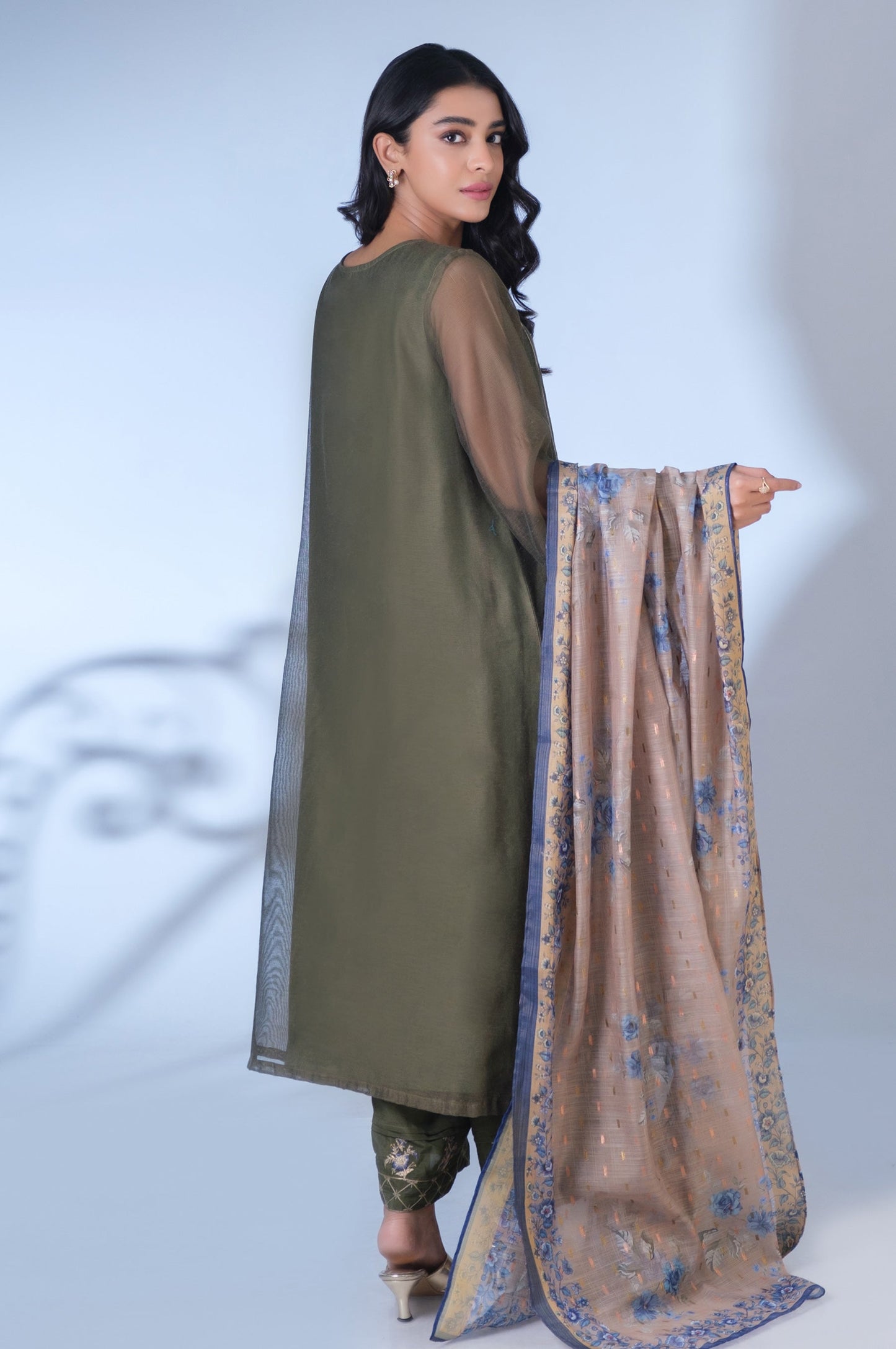 Stitched 3 Piece Khaddi Net Embroidered Outfit