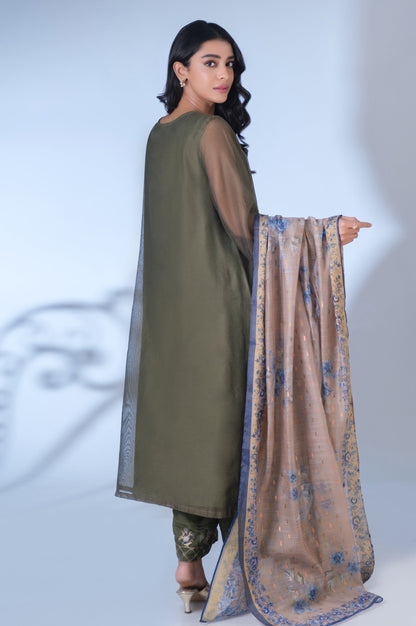 Stitched 3 Piece Khaddi Net Embroidered Outfit