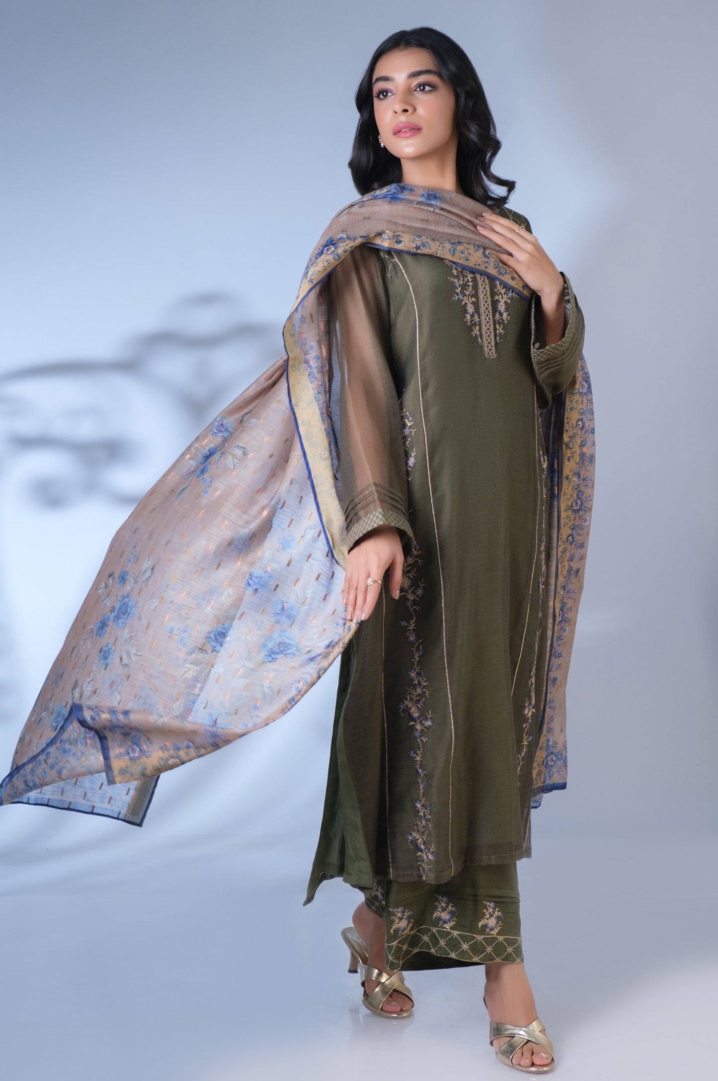 Stitched 3 Piece Khaddi Net Embroidered Outfit