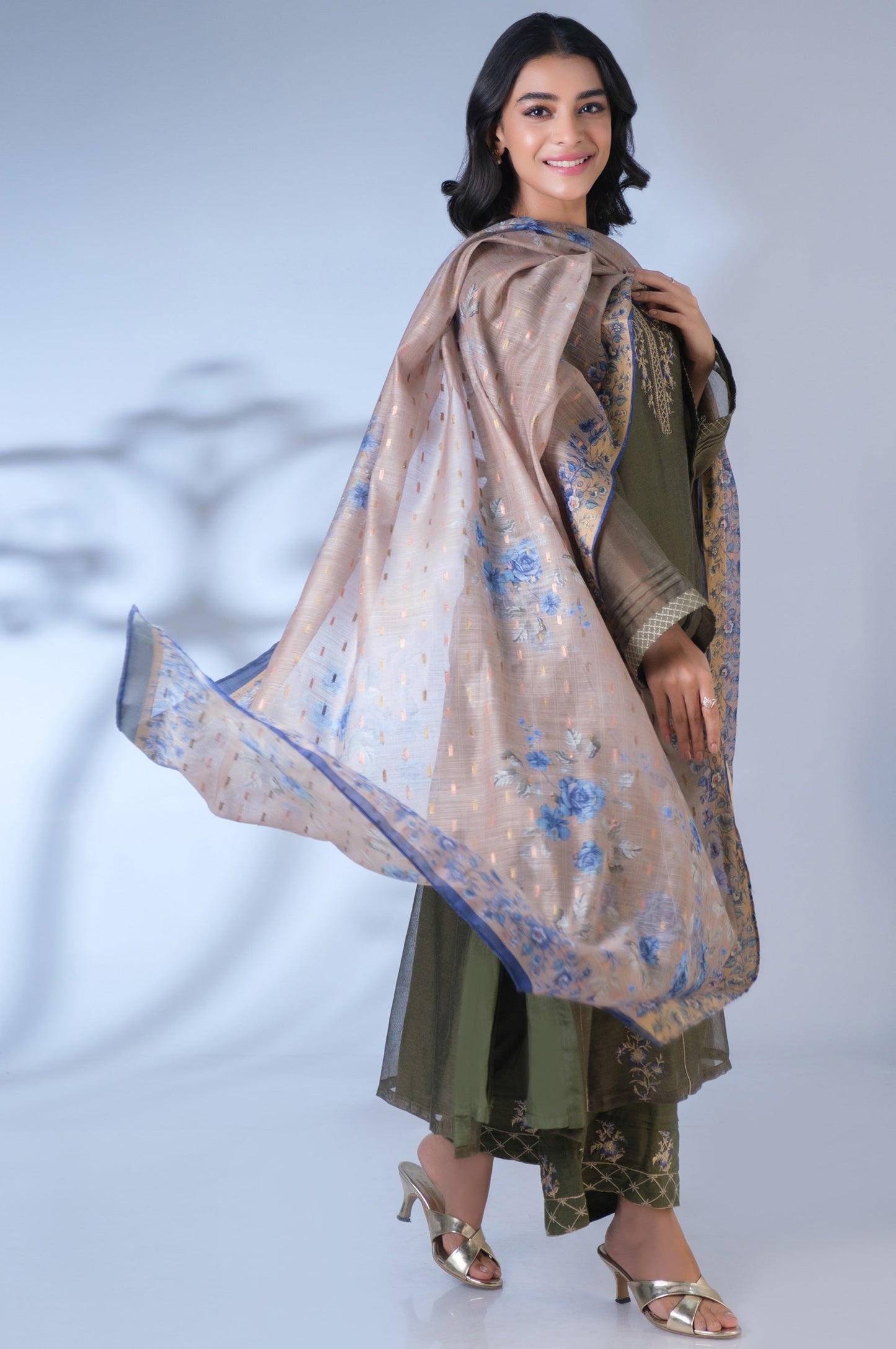 Stitched 3 Piece Khaddi Net Embroidered Outfit