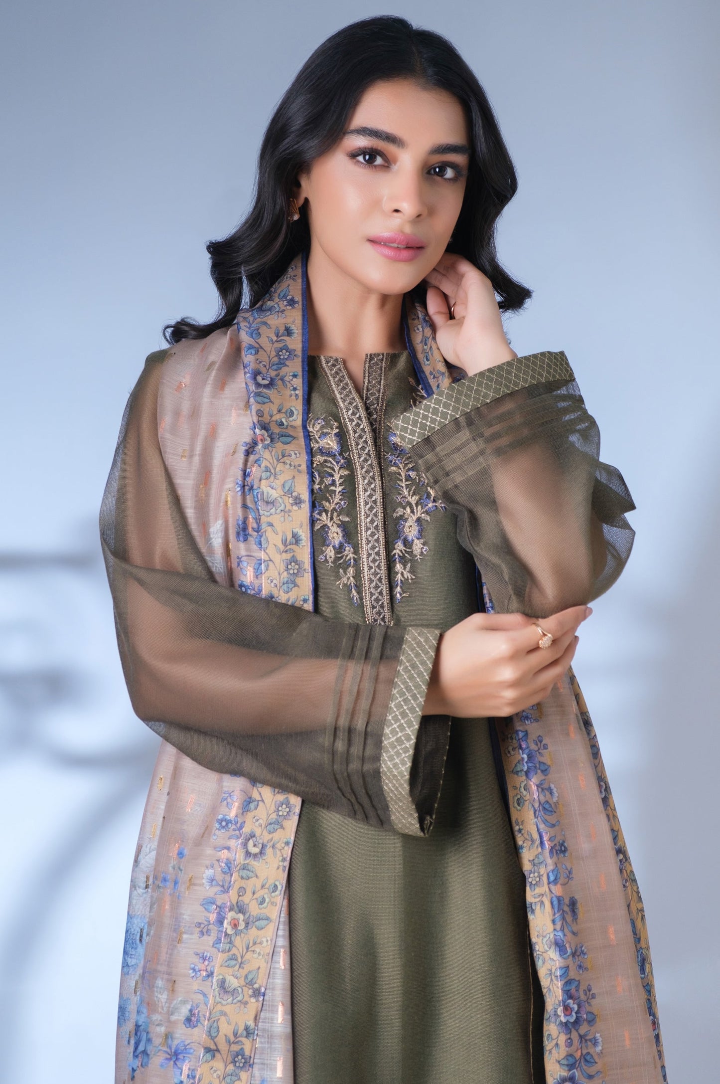 Stitched 3 Piece Khaddi Net Embroidered Outfit