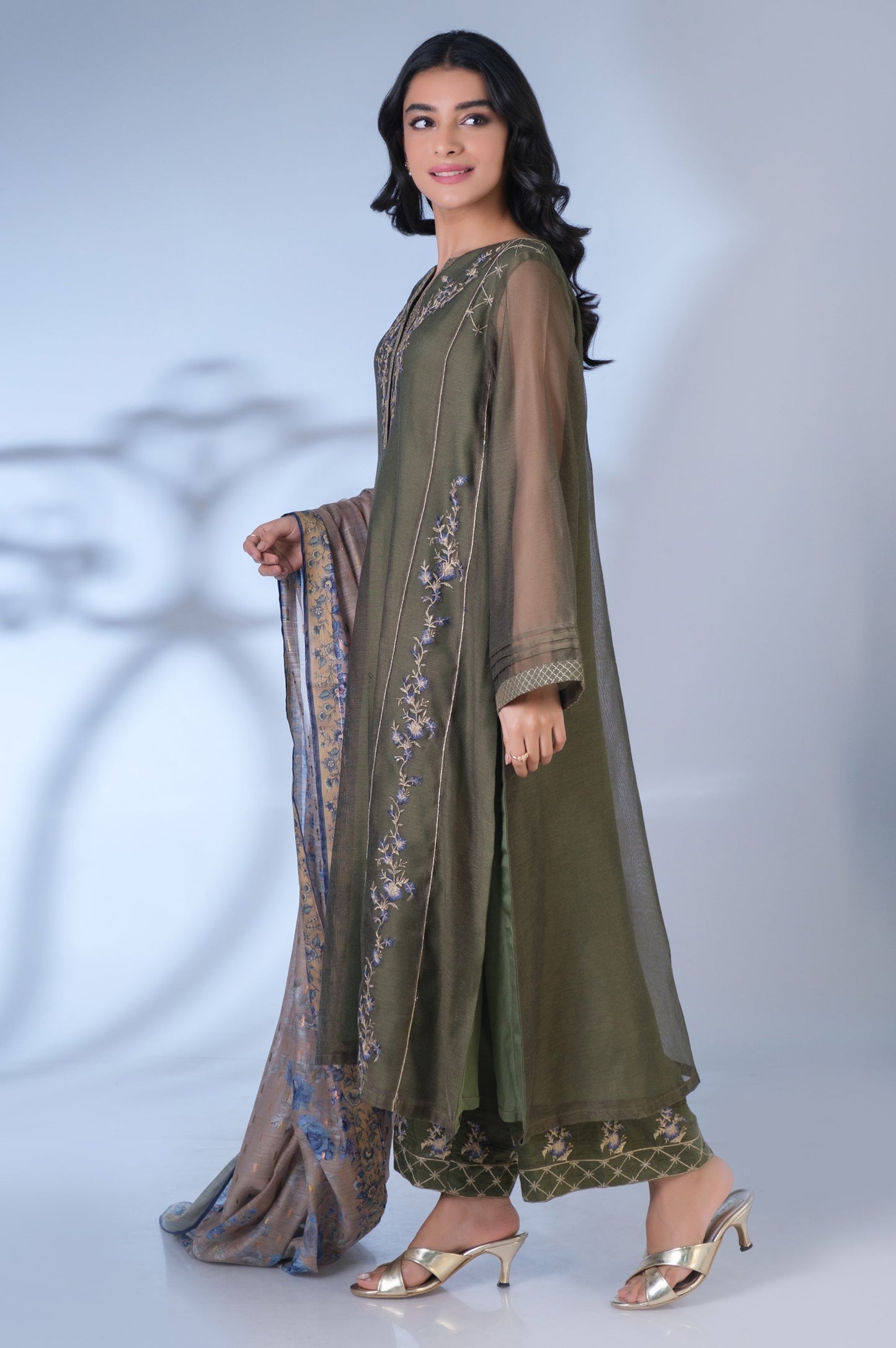 Stitched 3 Piece Khaddi Net Embroidered Outfit