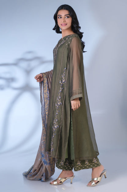 Stitched 3 Piece Khaddi Net Embroidered Outfit