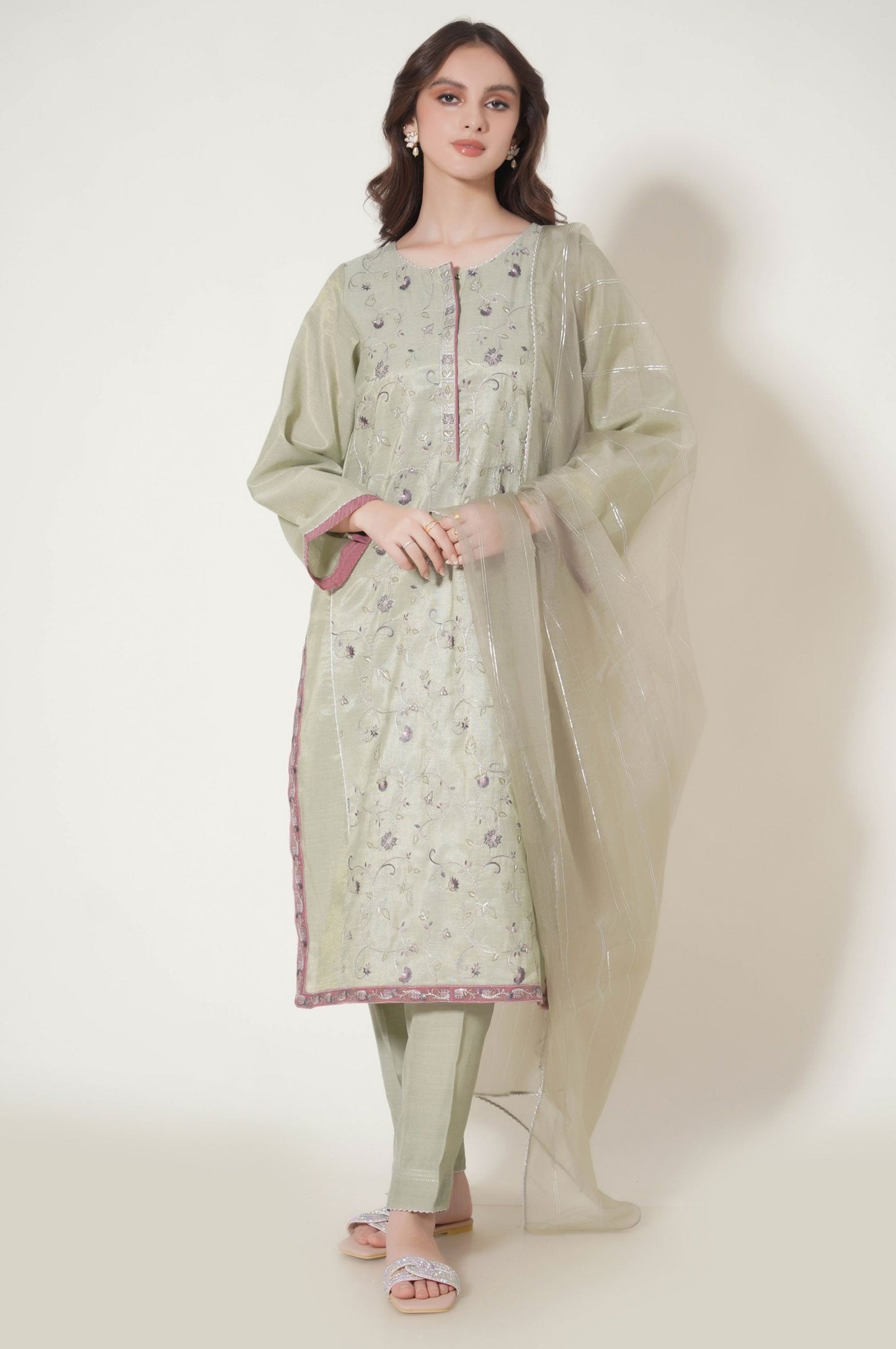 Stitched 3 Piece Cotton Mysuri Embroidered Outfit