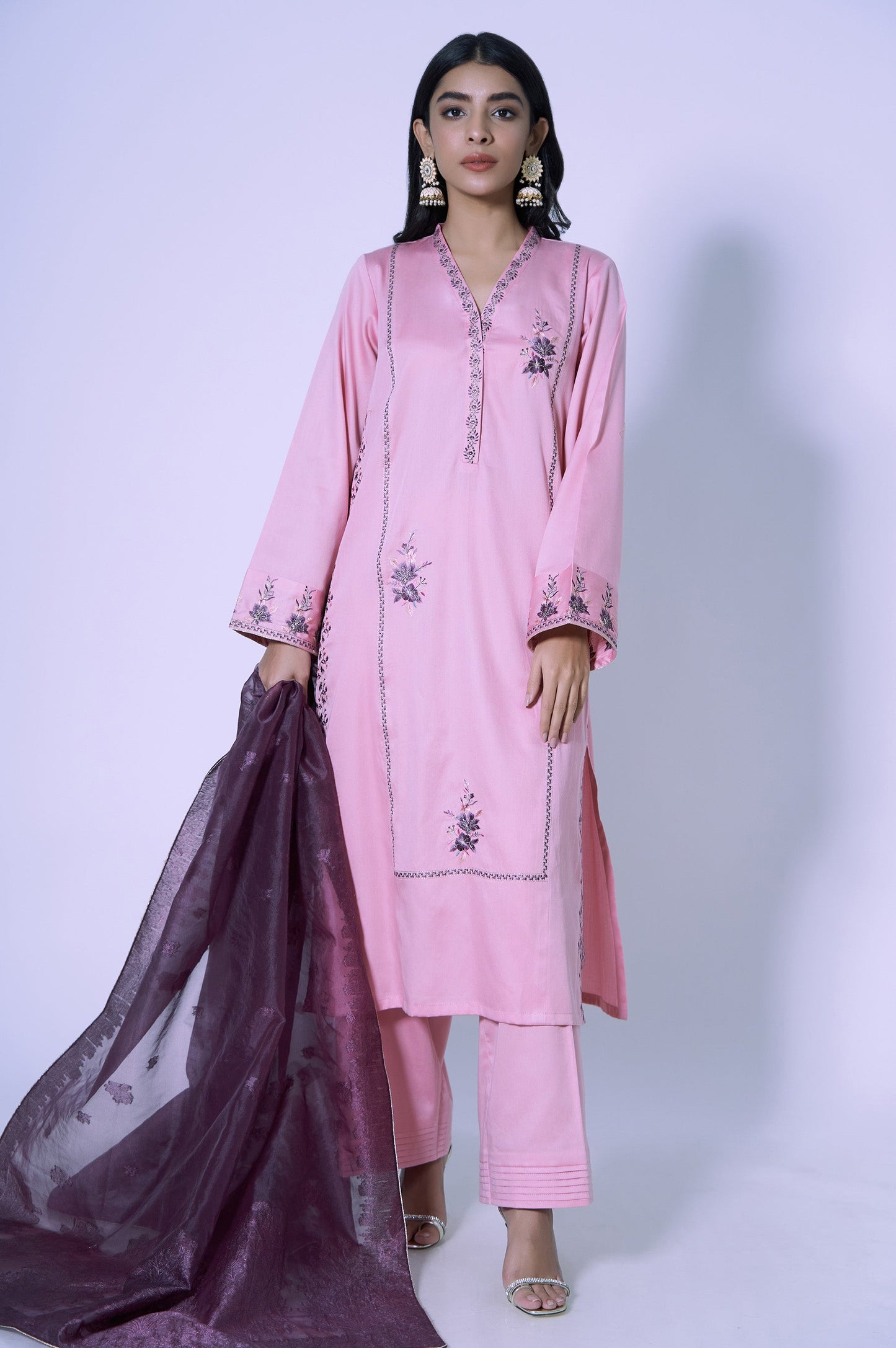 Stitched 3 Piece Cotton Silk Embroidered Outfit