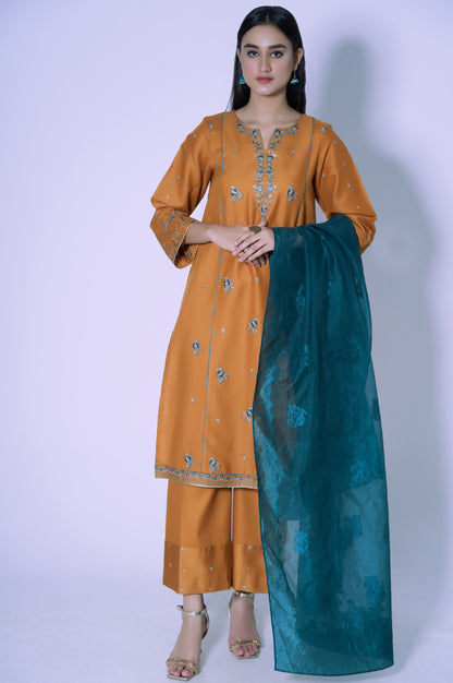 Stitched 3 Piece Cotton Satin Embroidered Outfit.