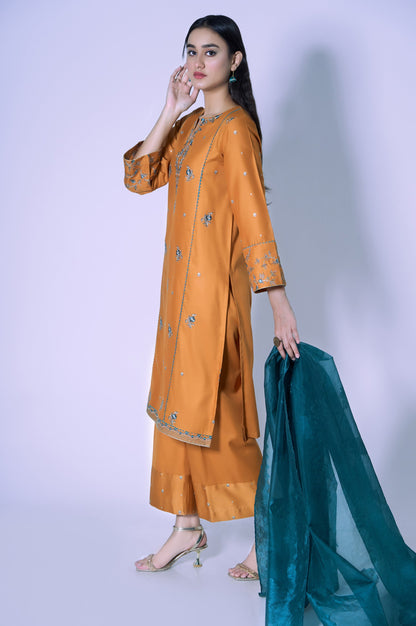 Stitched 3 Piece Cotton Satin Embroidered Outfit.