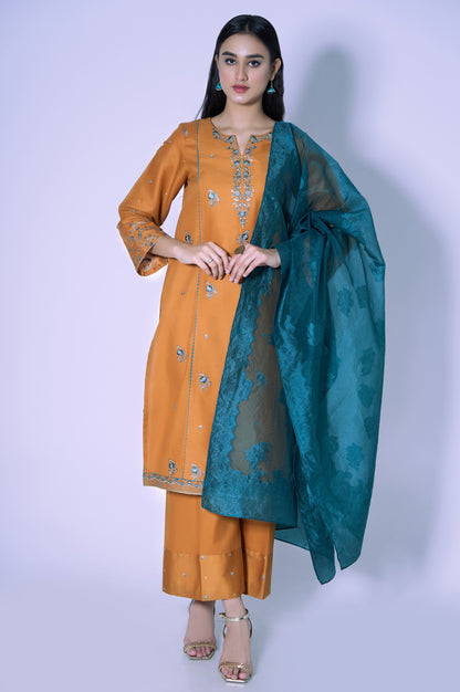 Stitched 3 Piece Cotton Satin Embroidered Outfit.