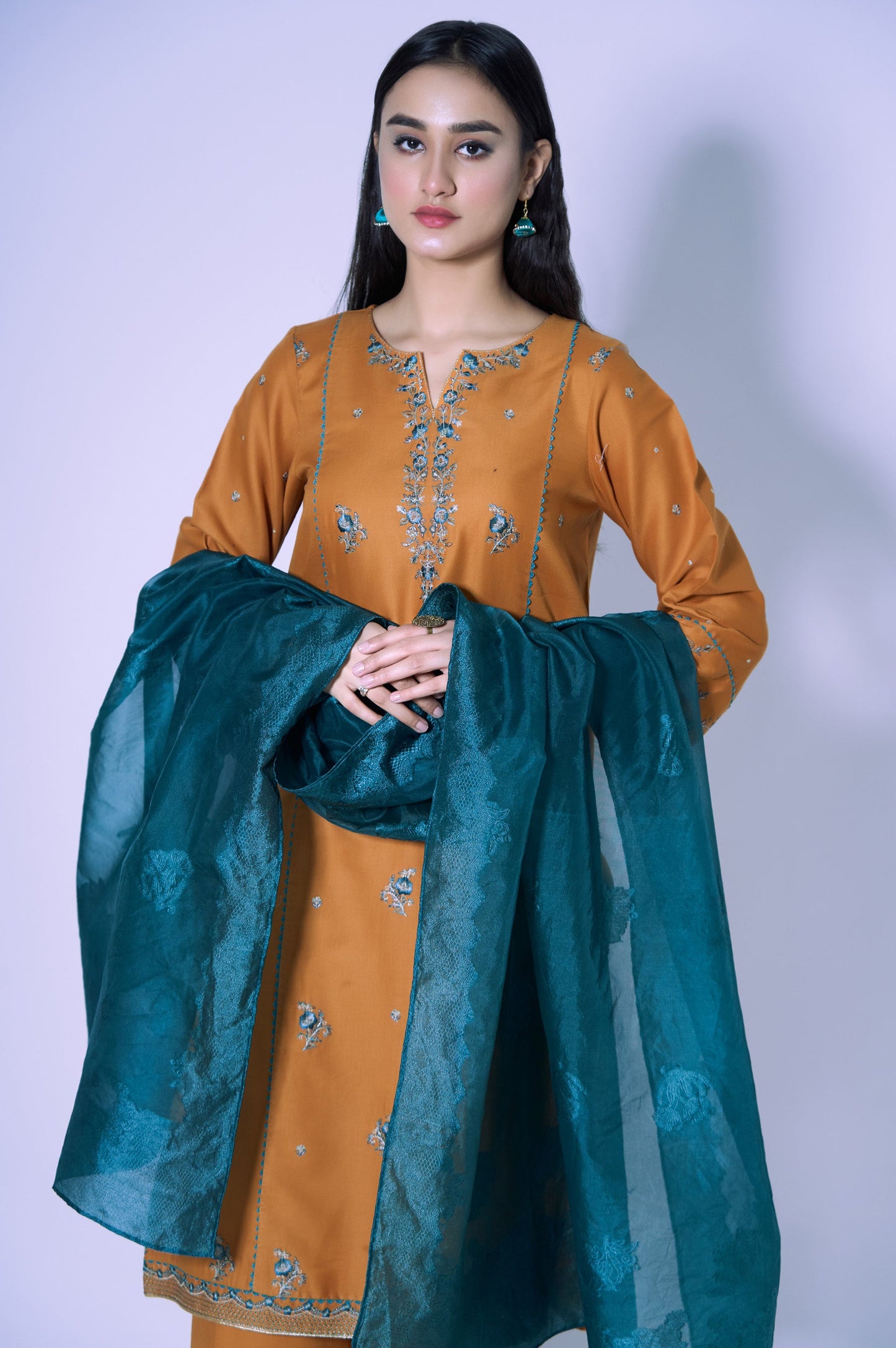 Stitched 3 Piece Cotton Satin Embroidered Outfit.