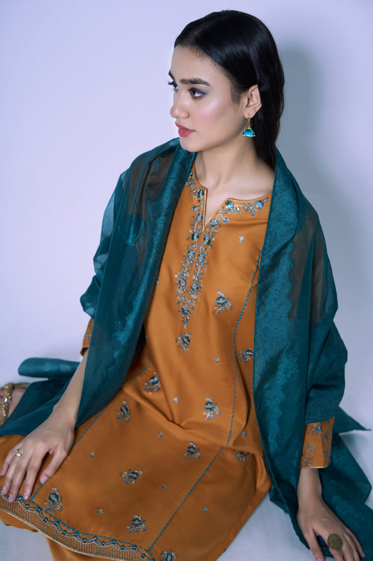 Stitched 3 Piece Cotton Satin Embroidered Outfit.