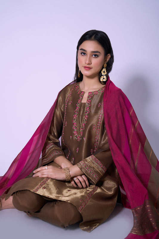 Stitched 3 Piece Mysuri Net Embroidered Outfit