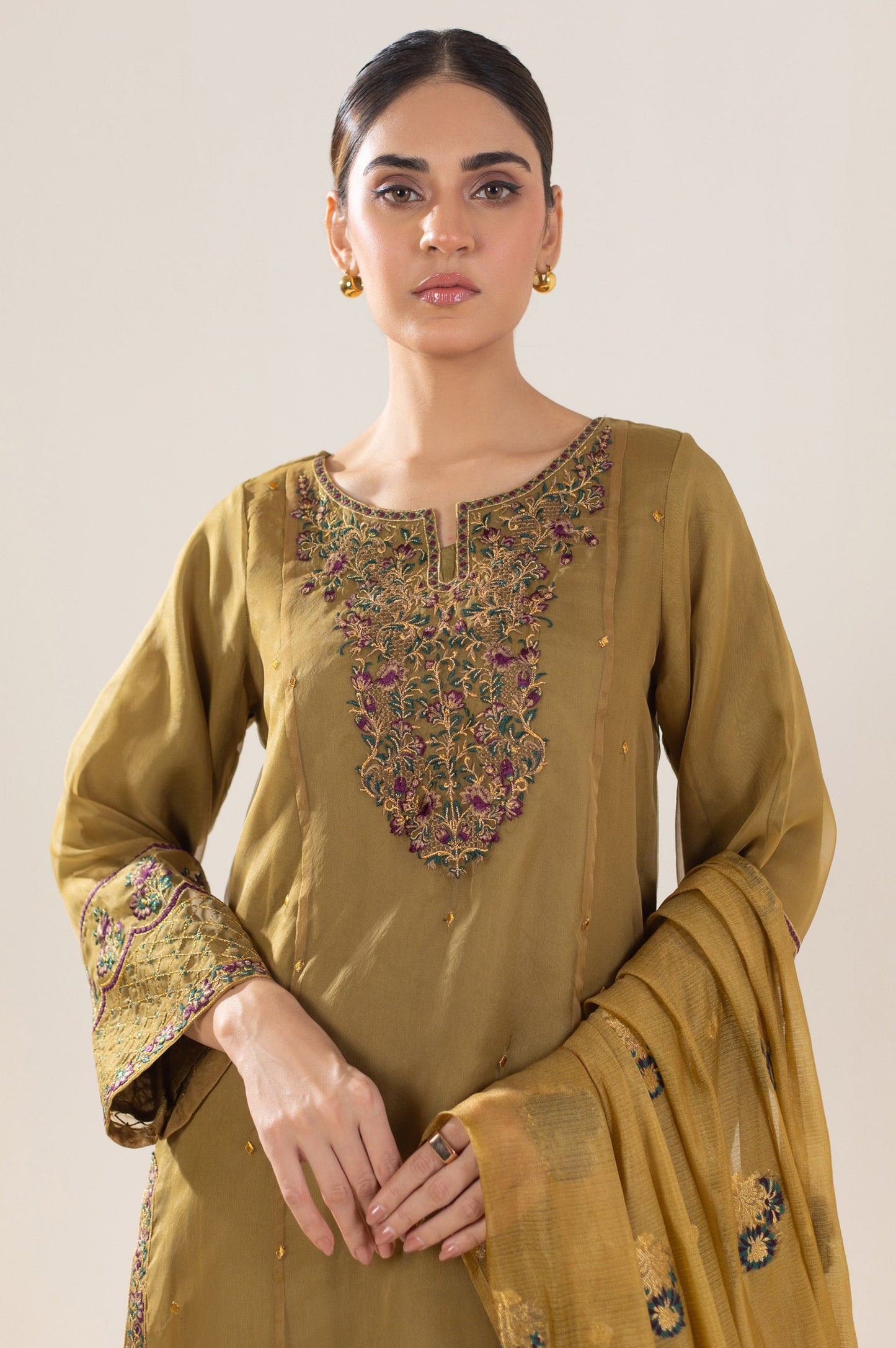 Stitched 3 Piece Embroidered Organza Suit