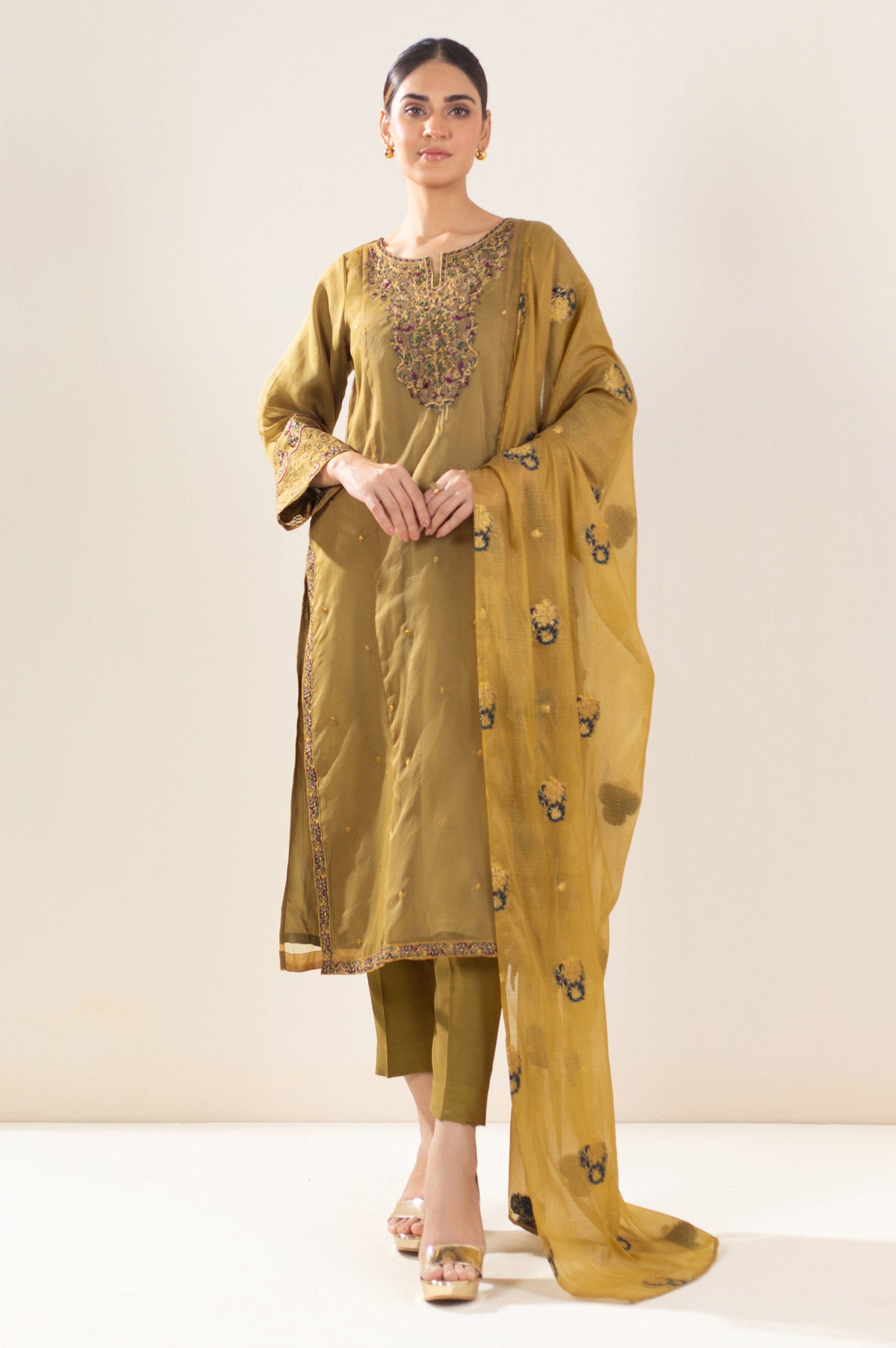 Stitched 3 Piece Embroidered Organza Suit