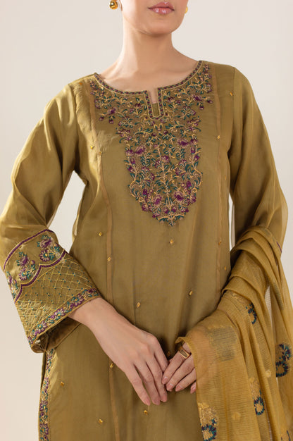 Stitched 3 Piece Embroidered Organza Suit