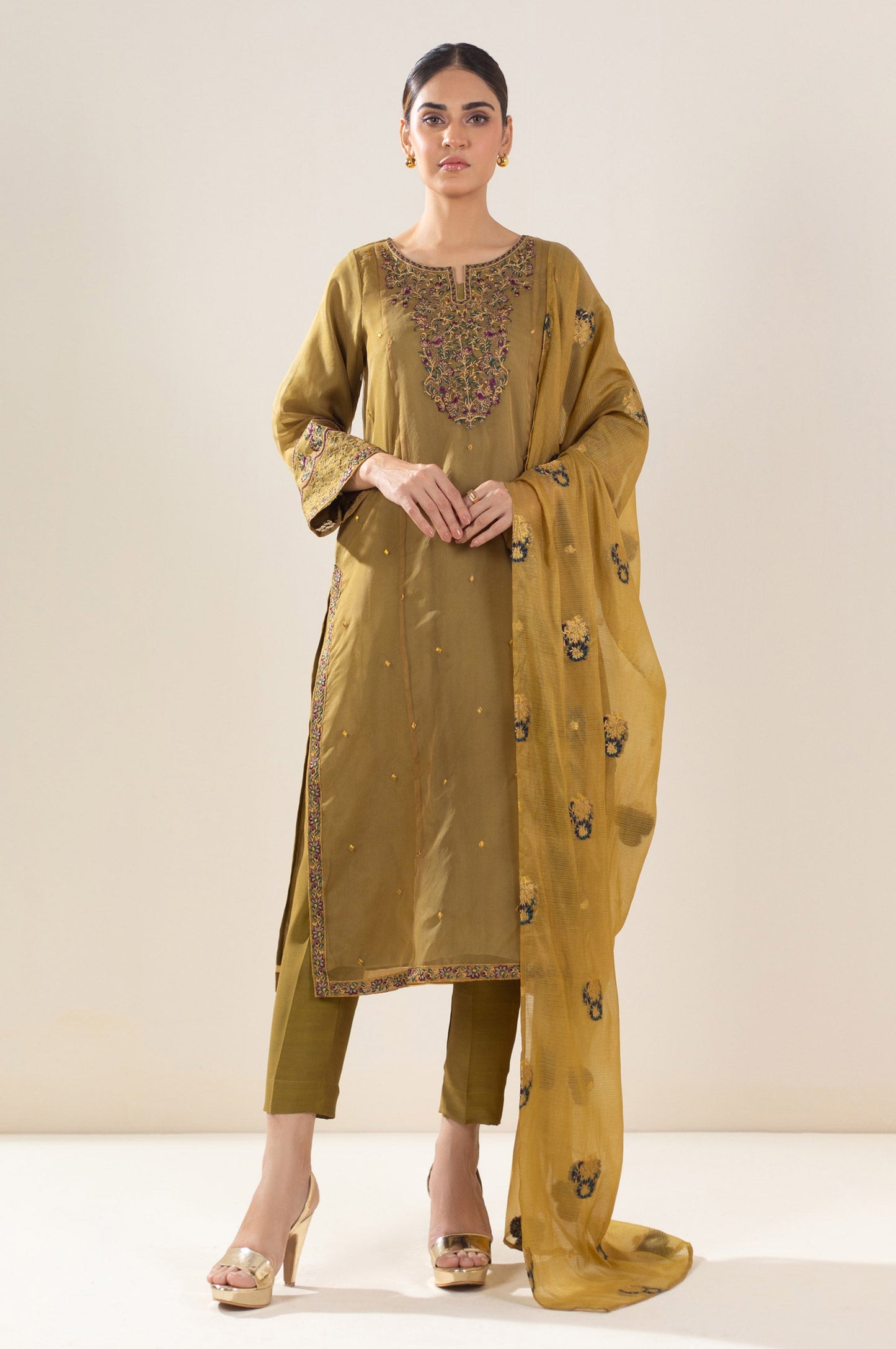 Stitched 3 Piece Embroidered Organza Suit