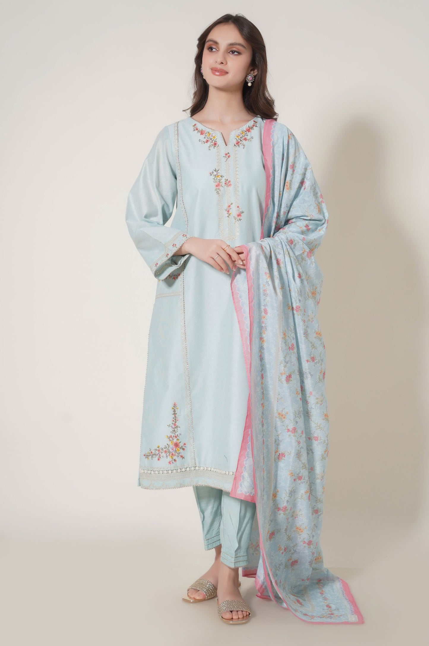 Stitched 3 Piece Cotton Net Embroidered Outfit