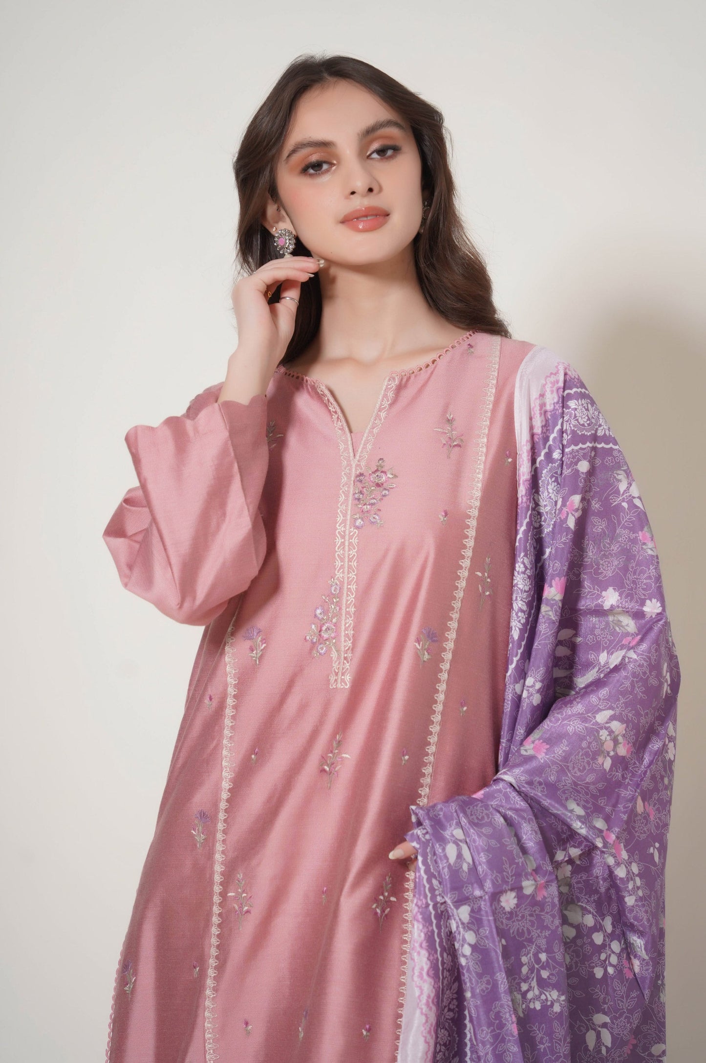 Stitched 3 Piece Embroidered Cotton Net Outfit