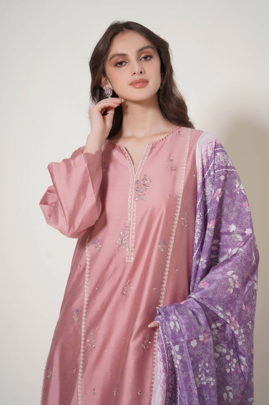 Stitched 3 Piece Embroidered Cotton Net Outfit