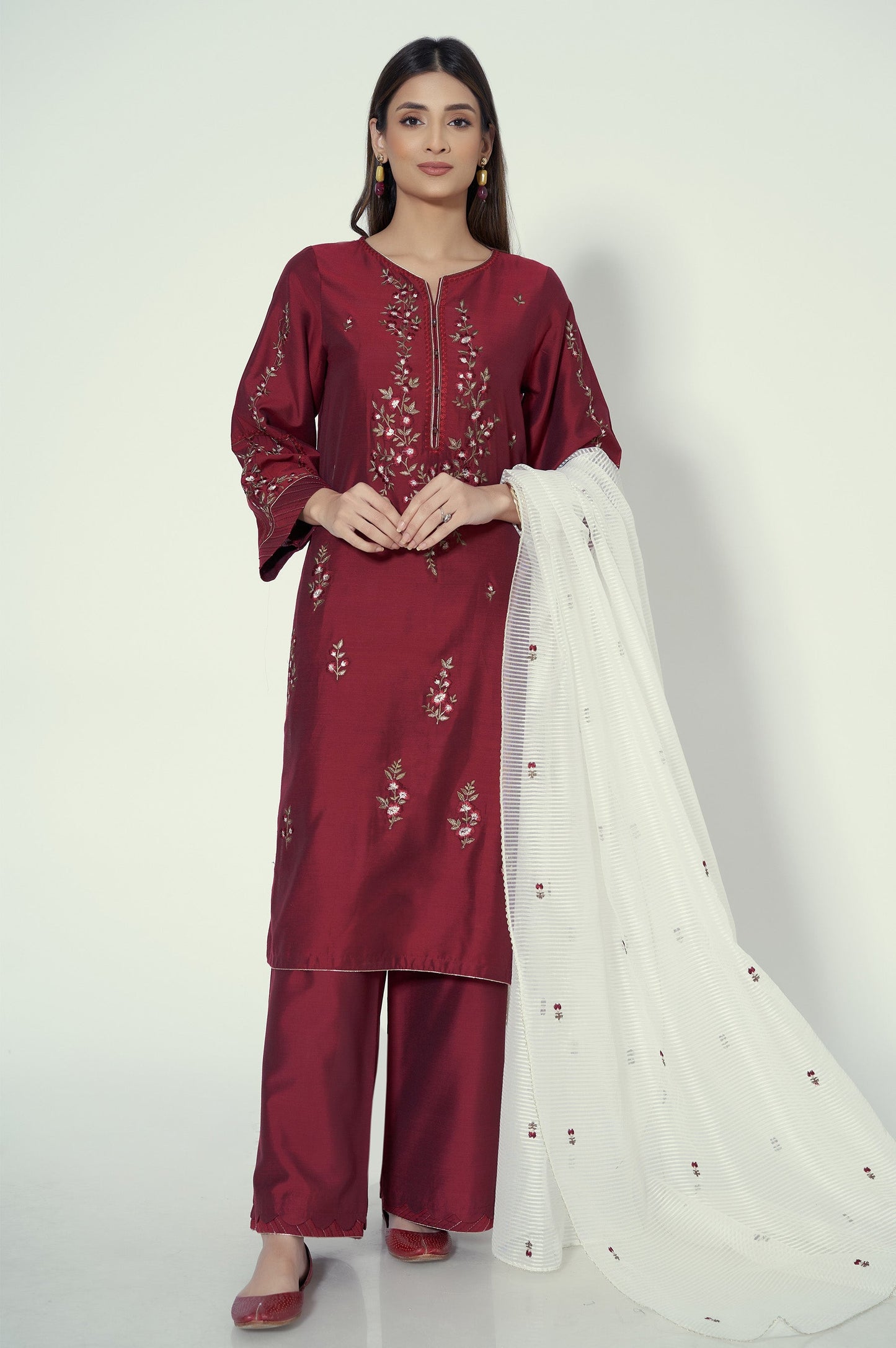 Stitched 3 Piece Cotton silk Embroidered Suit