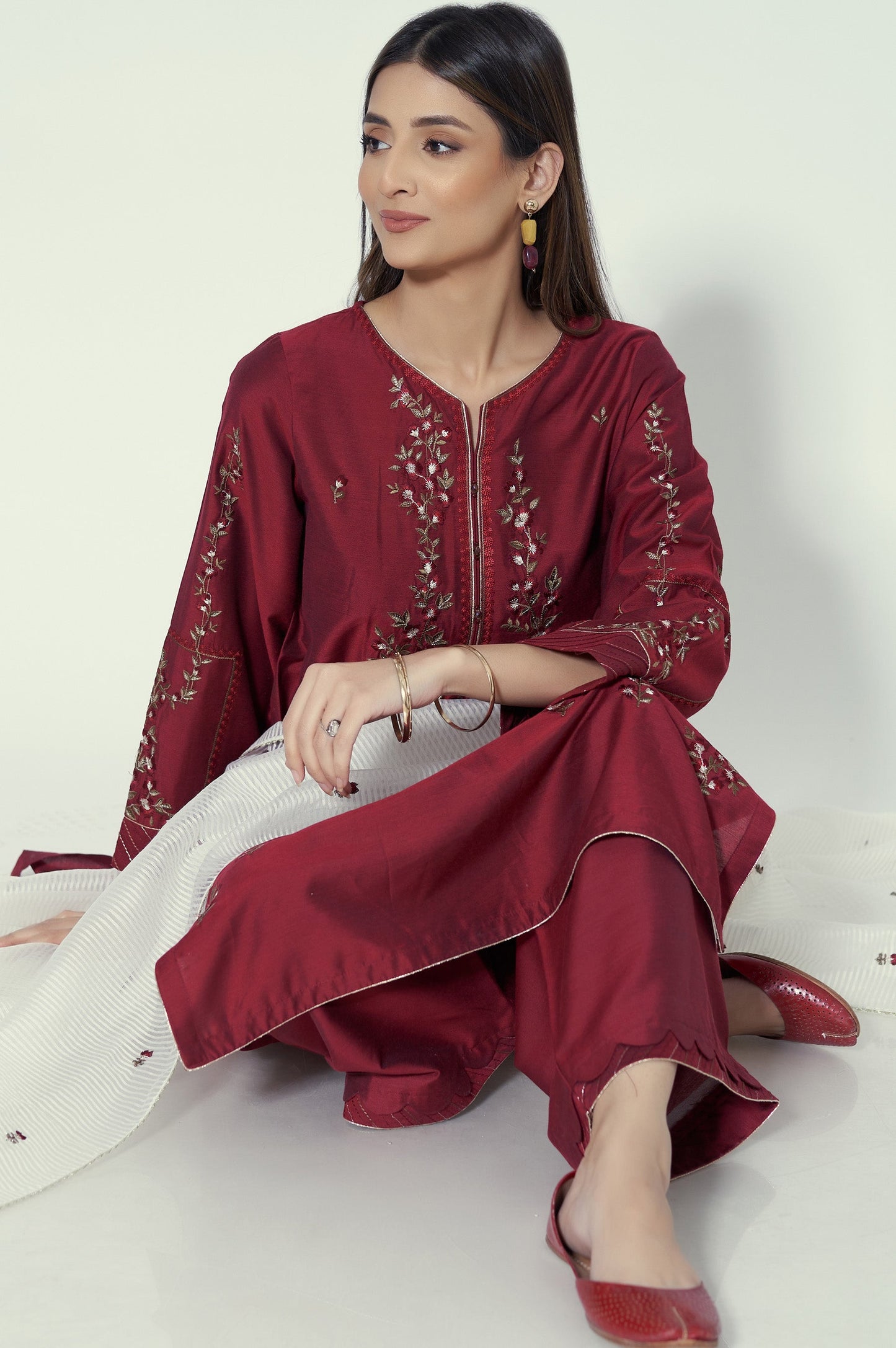 Stitched 3 Piece Cotton silk Embroidered Suit