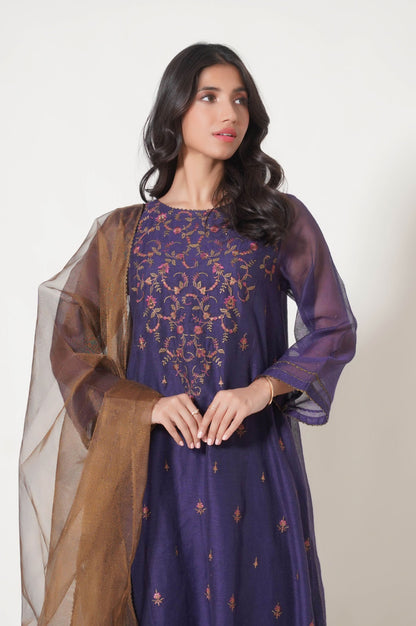 Stitched 3 Piece Khaddi Net Embroidered Outfit