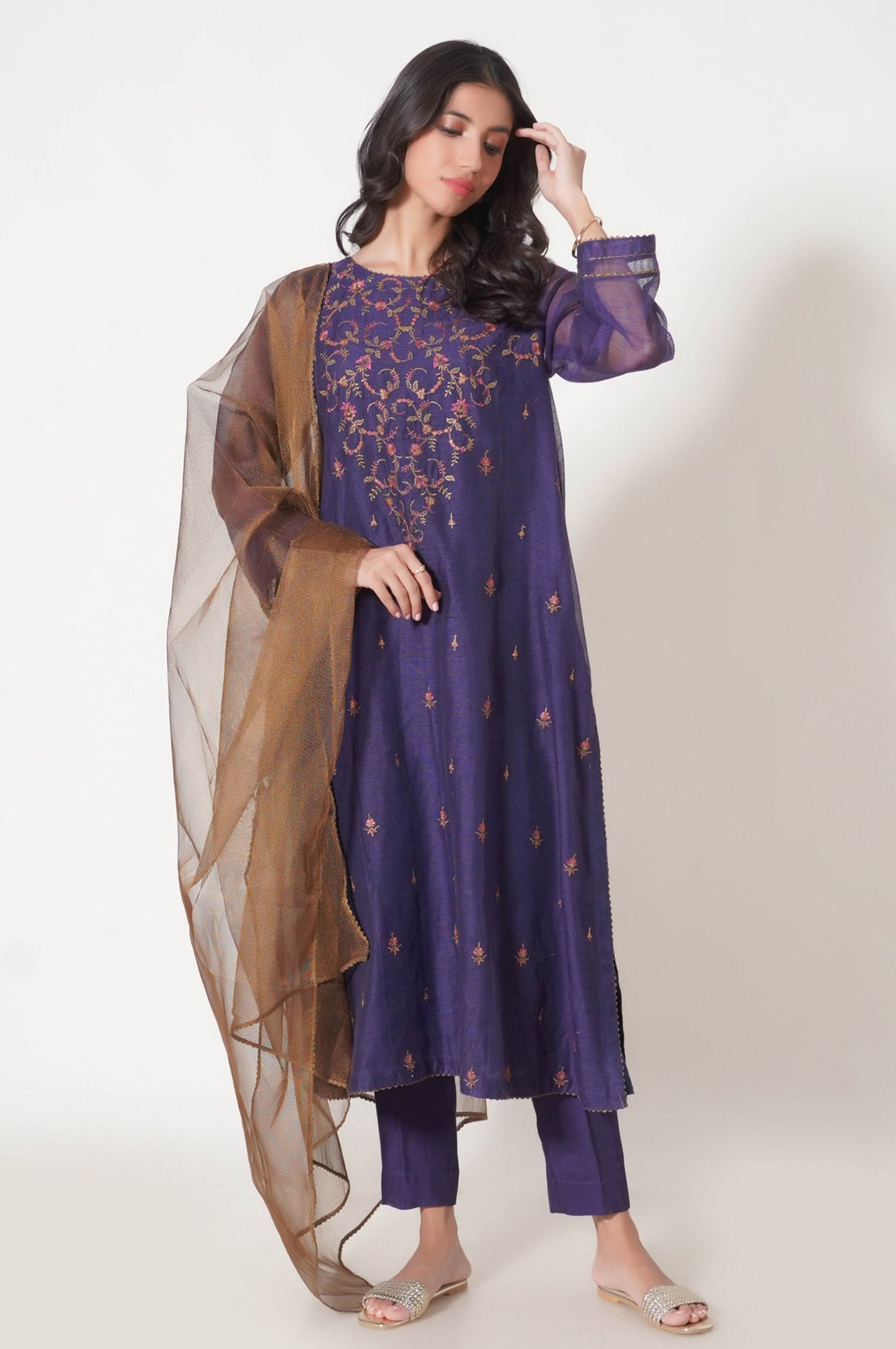 Stitched 3 Piece Khaddi Net Embroidered Outfit