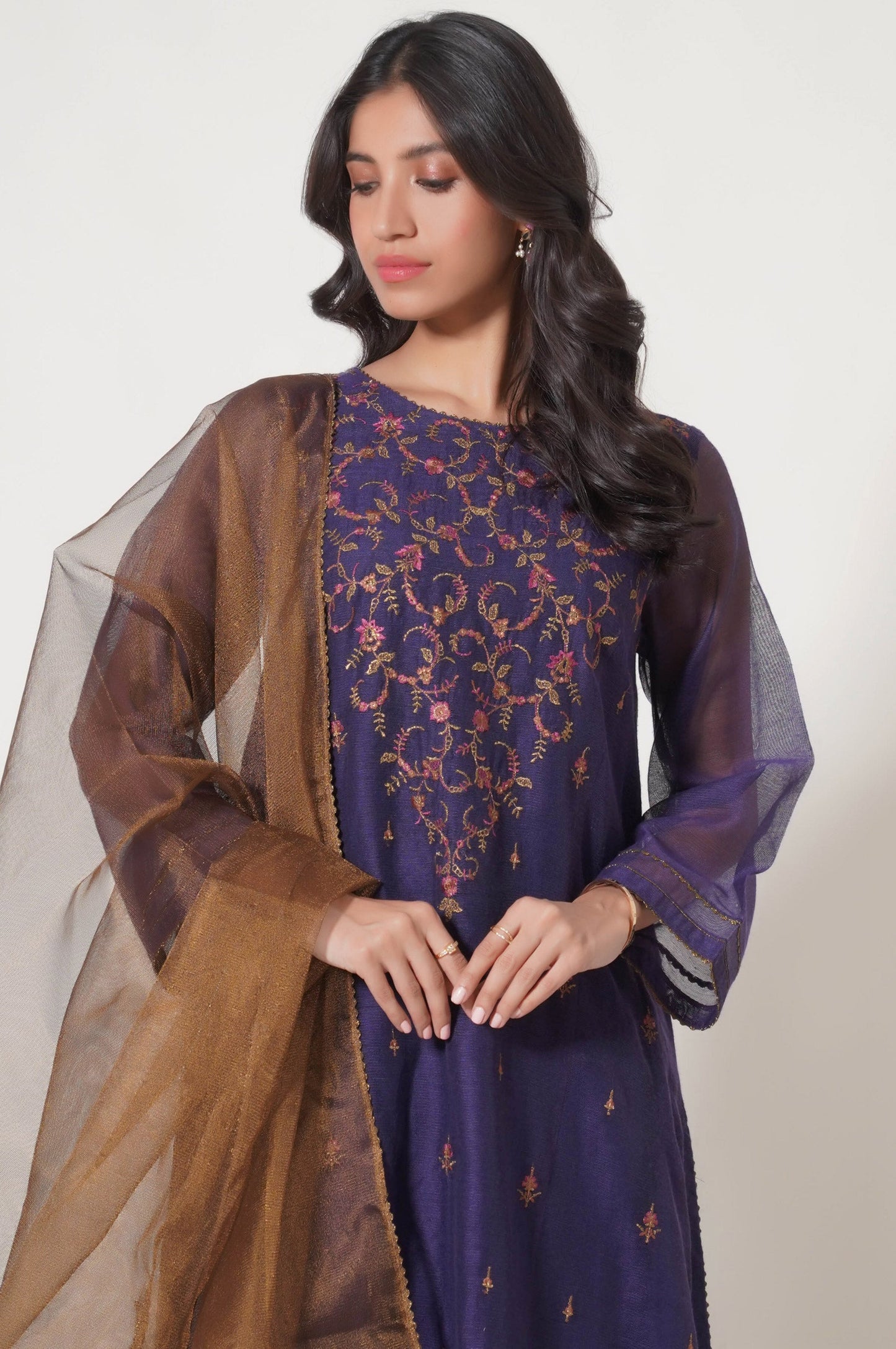 Stitched 3 Piece Khaddi Net Embroidered Outfit