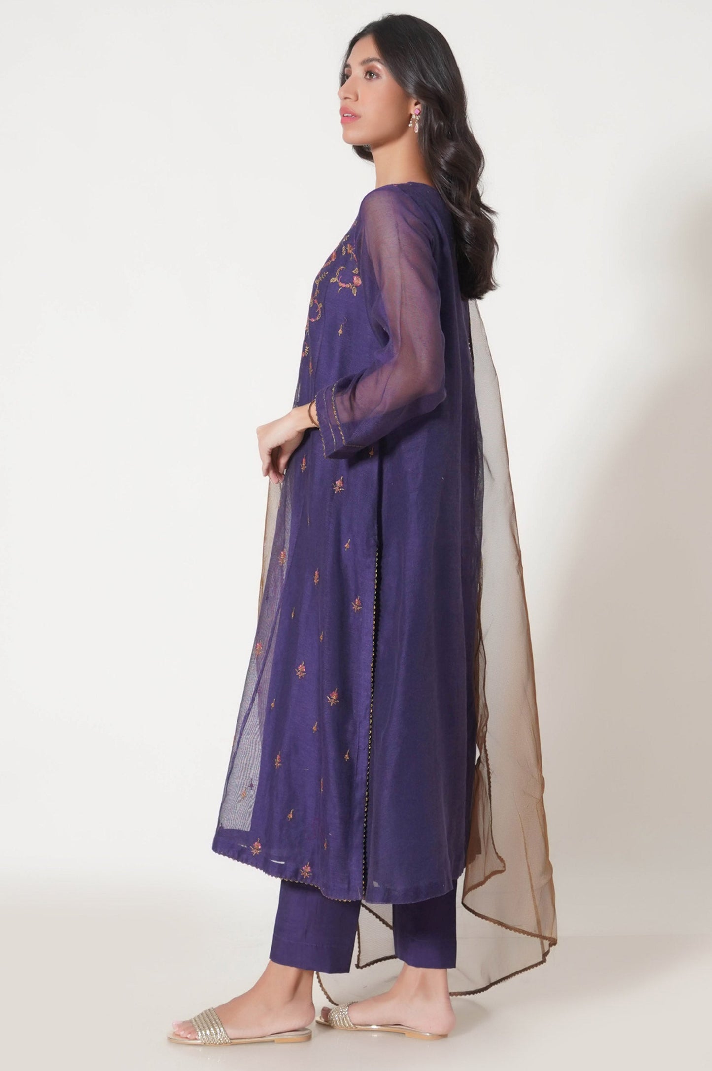 Stitched 3 Piece Khaddi Net Embroidered Outfit
