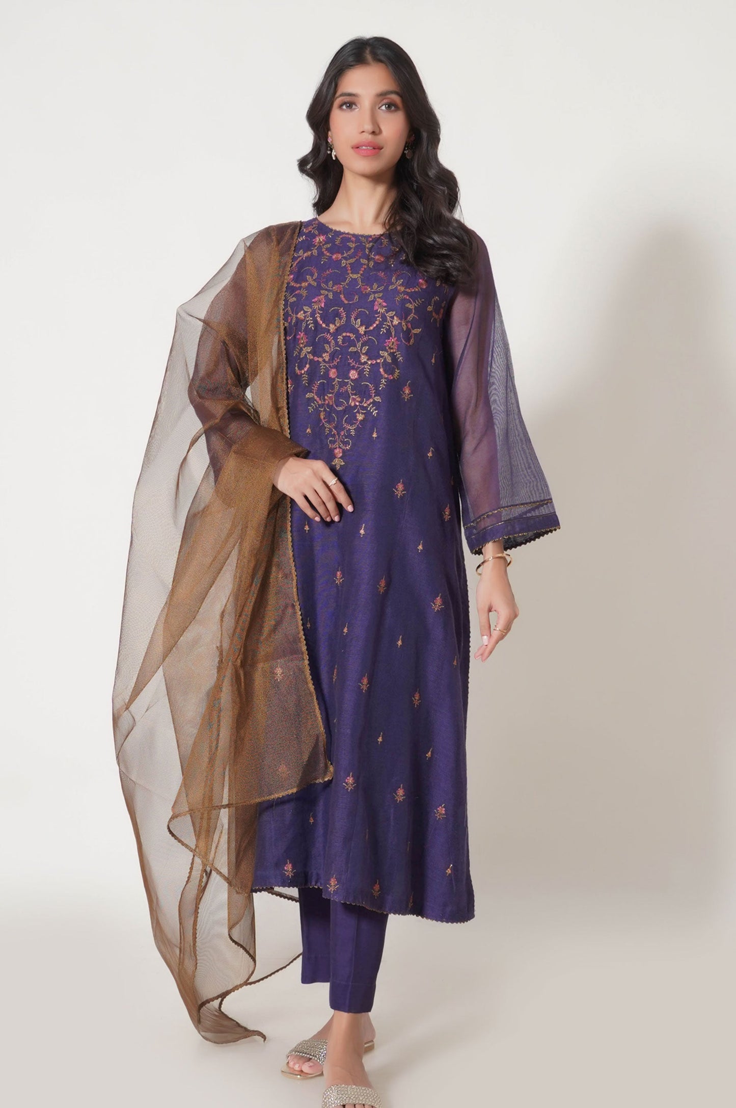 Stitched 3 Piece Khaddi Net Embroidered Outfit