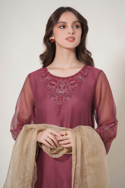 Stitched 3 Piece Embroidered Khaddi Net Outfit