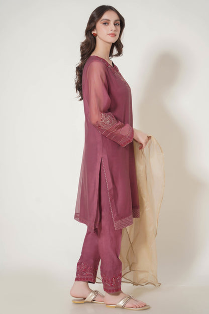 Stitched 3 Piece Embroidered Khaddi Net Outfit