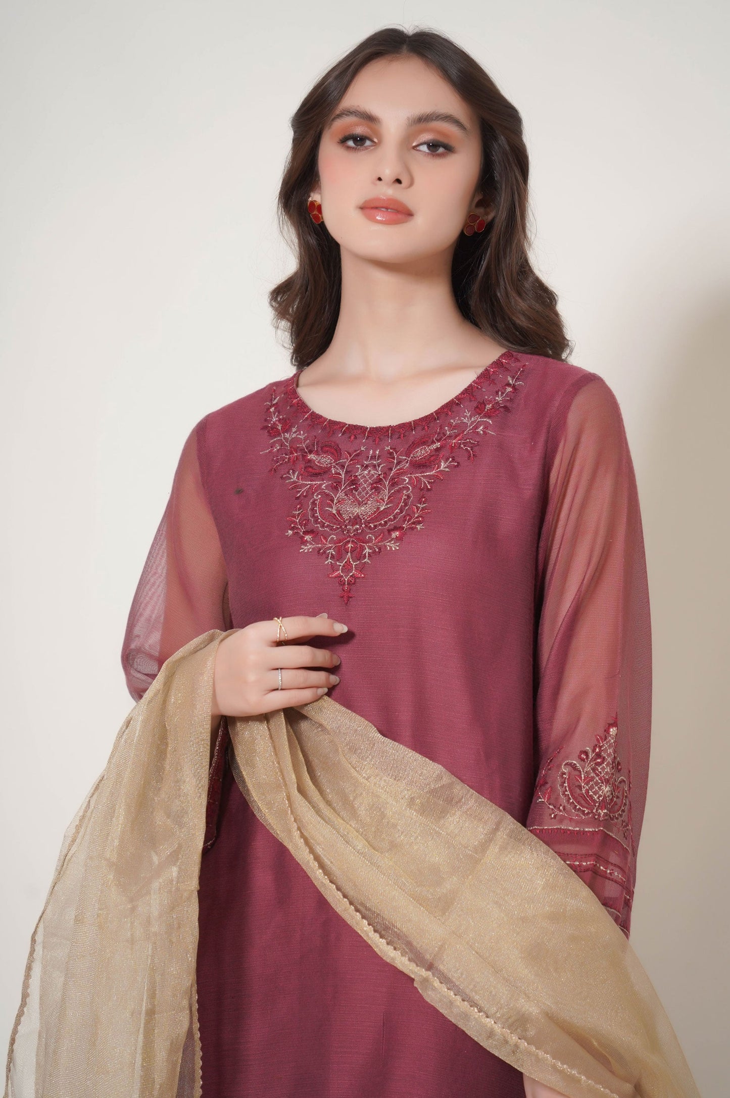 Stitched 3 Piece Embroidered Khaddi Net Outfit