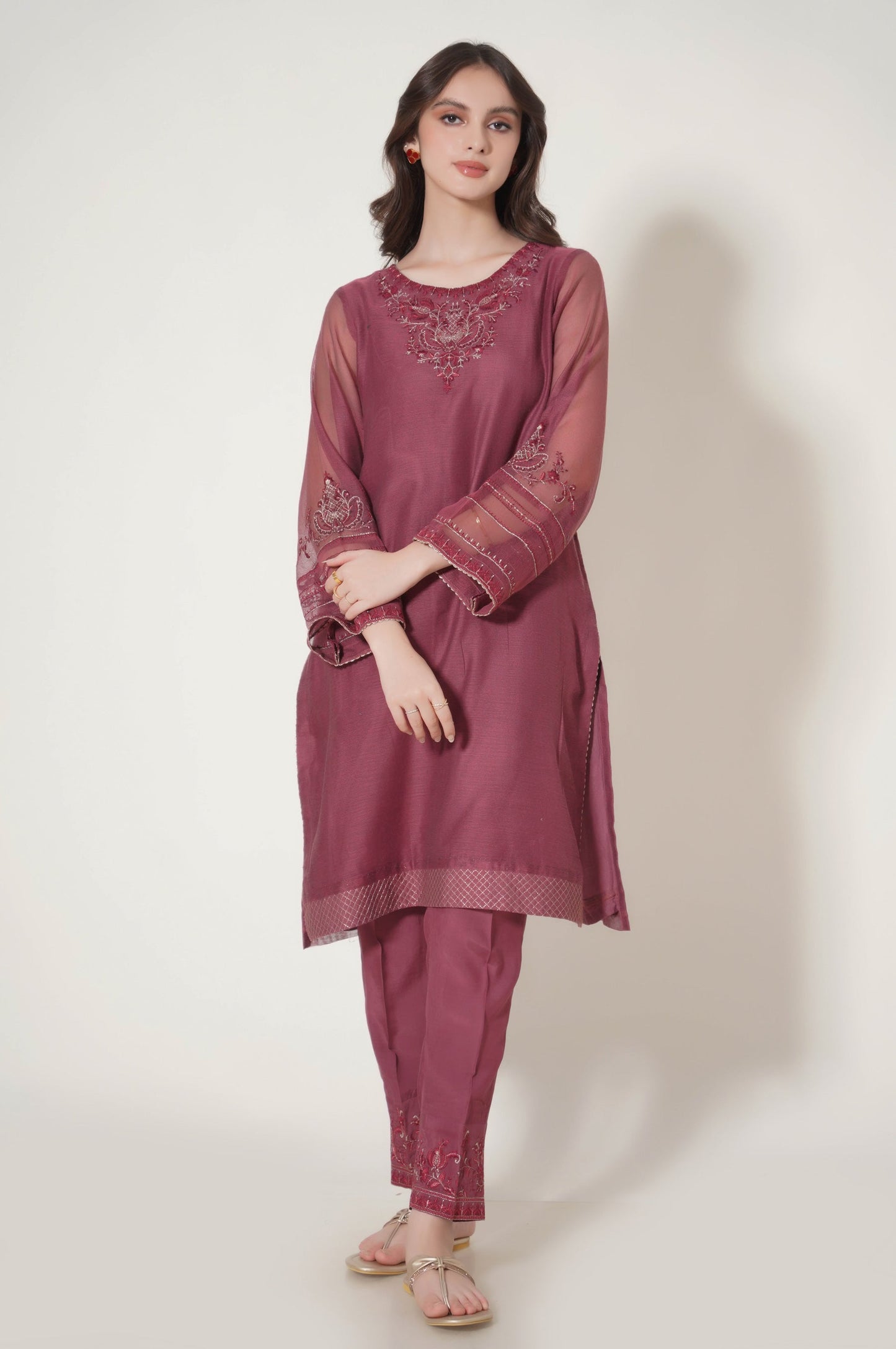 Stitched 3 Piece Embroidered Khaddi Net Outfit