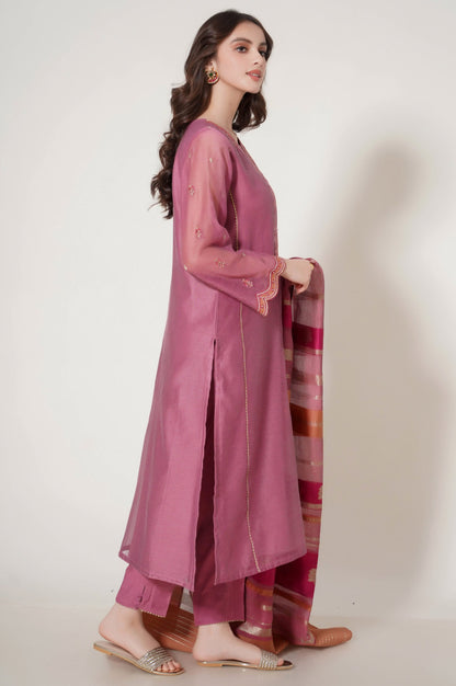 Stitched 3 Piece Embroidered Khaddi Net Outfit