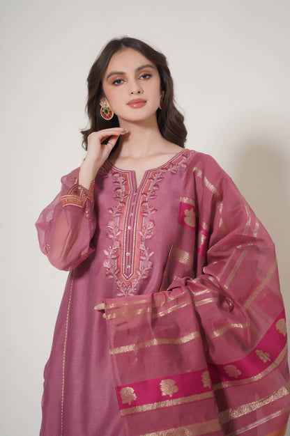 Stitched 3 Piece Embroidered Khaddi Net Outfit