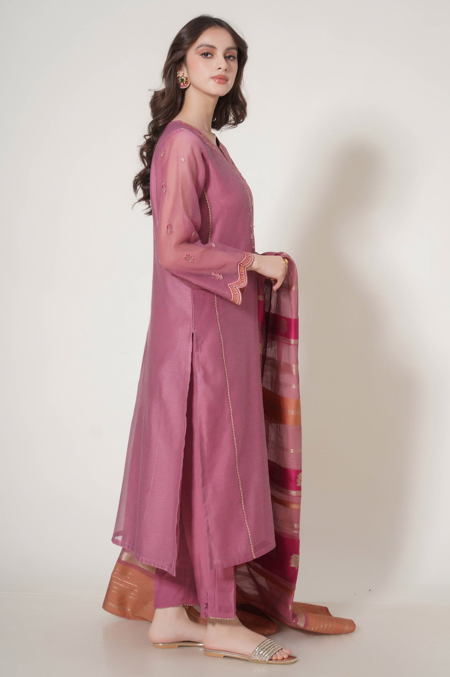 Stitched 3 Piece Embroidered Khaddi Net Outfit