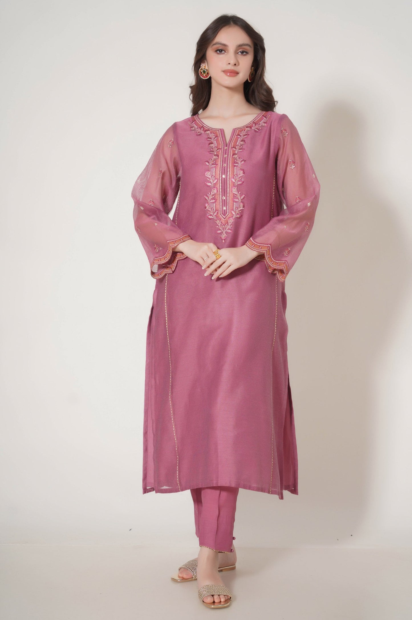 Stitched 3 Piece Embroidered Khaddi Net Outfit