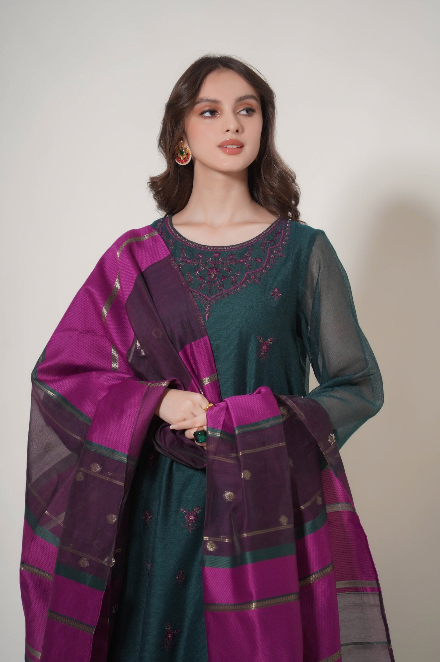 Stitched 3 Piece Embroidered Khaddi Net Outfit