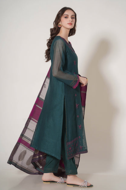 Stitched 3 Piece Embroidered Khaddi Net Outfit