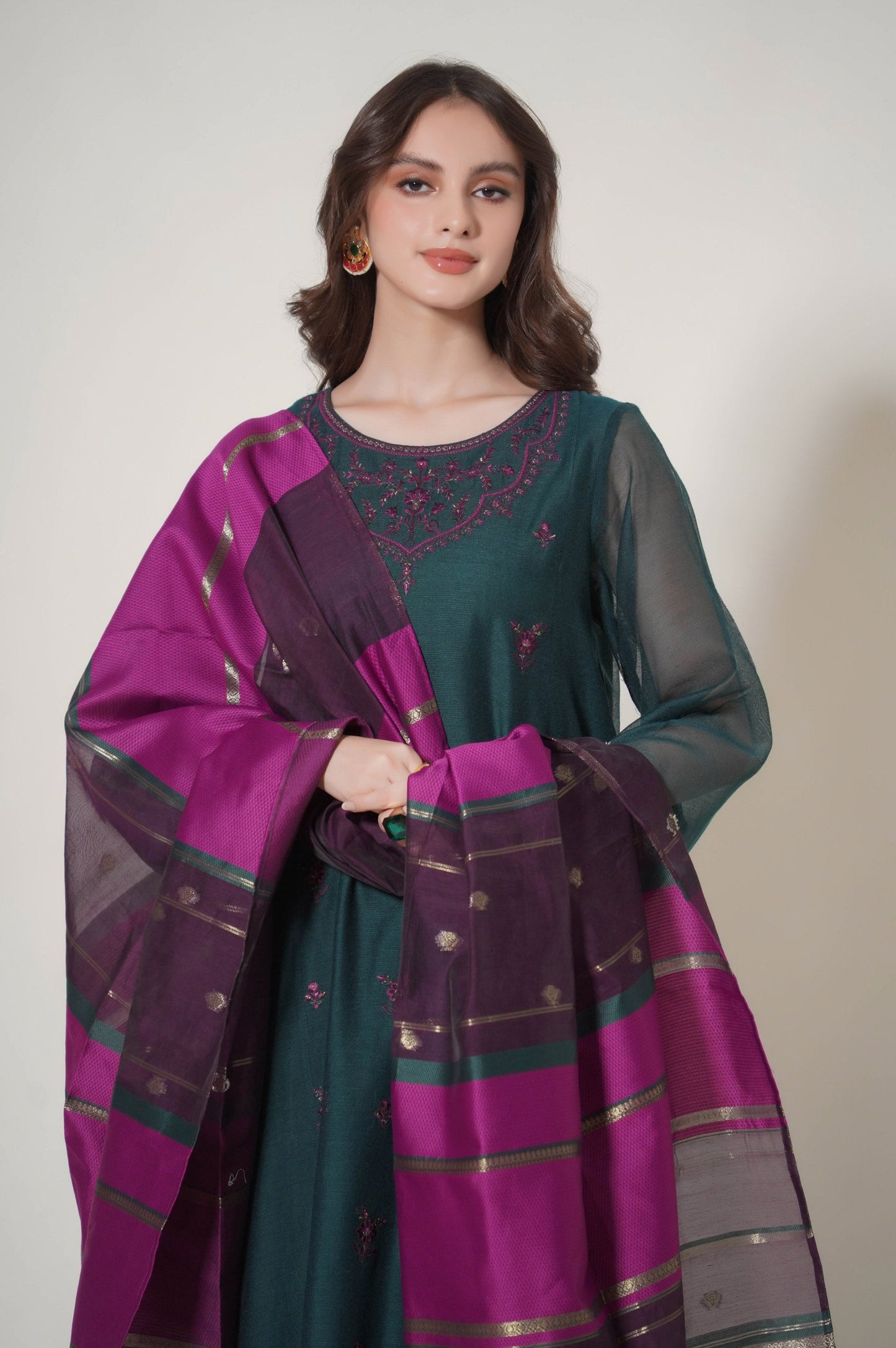 Stitched 3 Piece Embroidered Khaddi Net Outfit