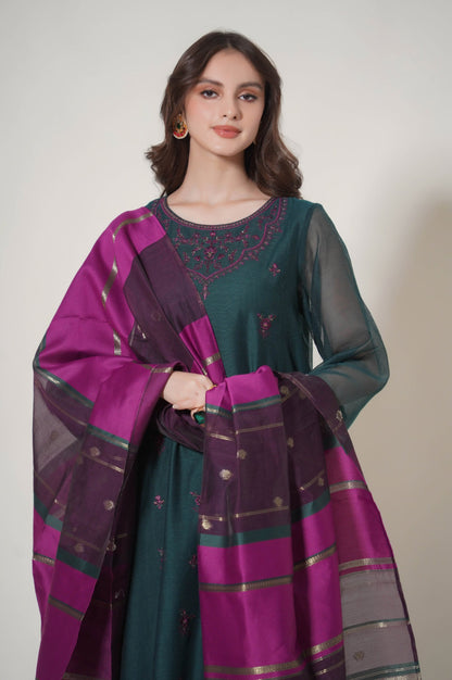 Stitched 3 Piece Embroidered Khaddi Net Outfit